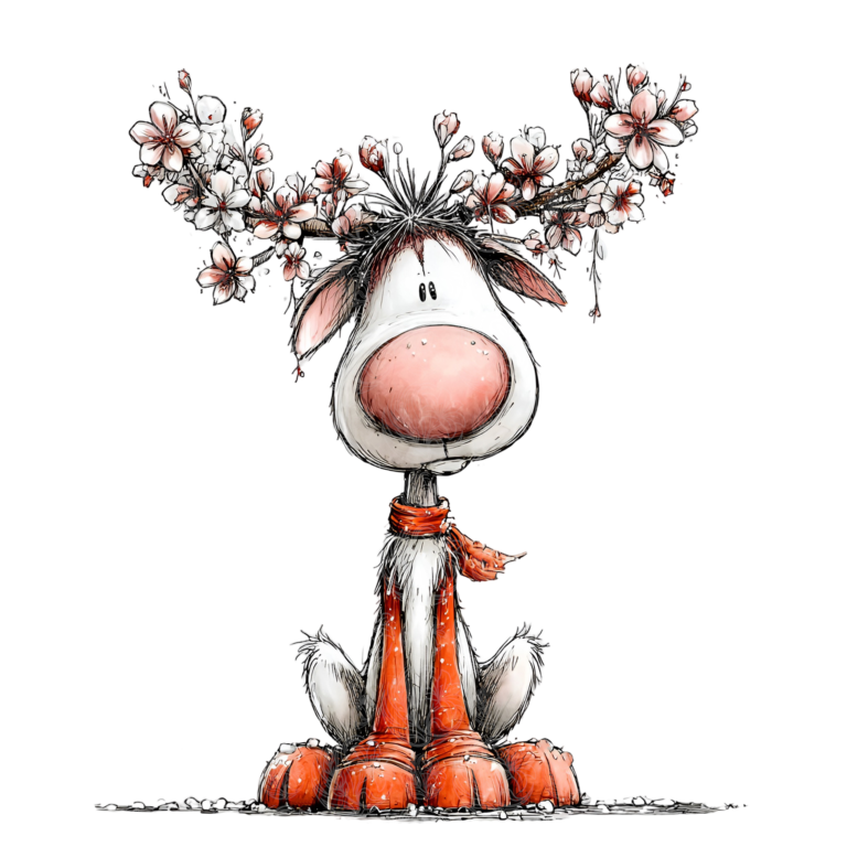 Whimsical reindeer cartoon wearing orange scarf with floral cherry blossom antlers, Grey Barn Handwerk, Saskatchewan.